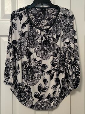 Worthington Petite Women's Black White Floral Print 3/4 Sleeve Blouse Size XL